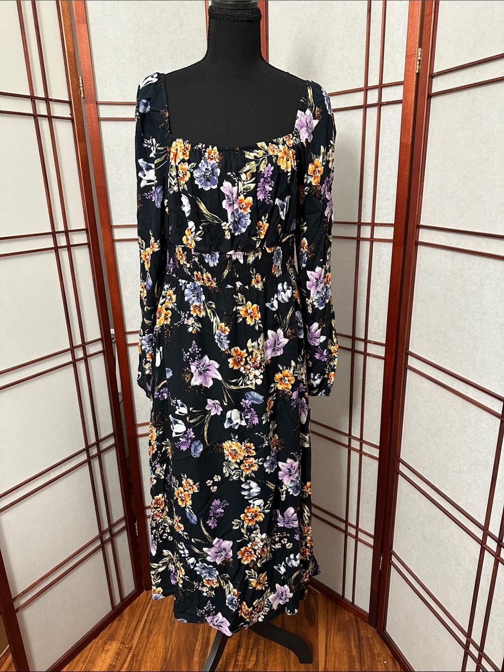 BCX Black Floral Long Sleeve Midi Dress with Lavender & Yellow Blooms